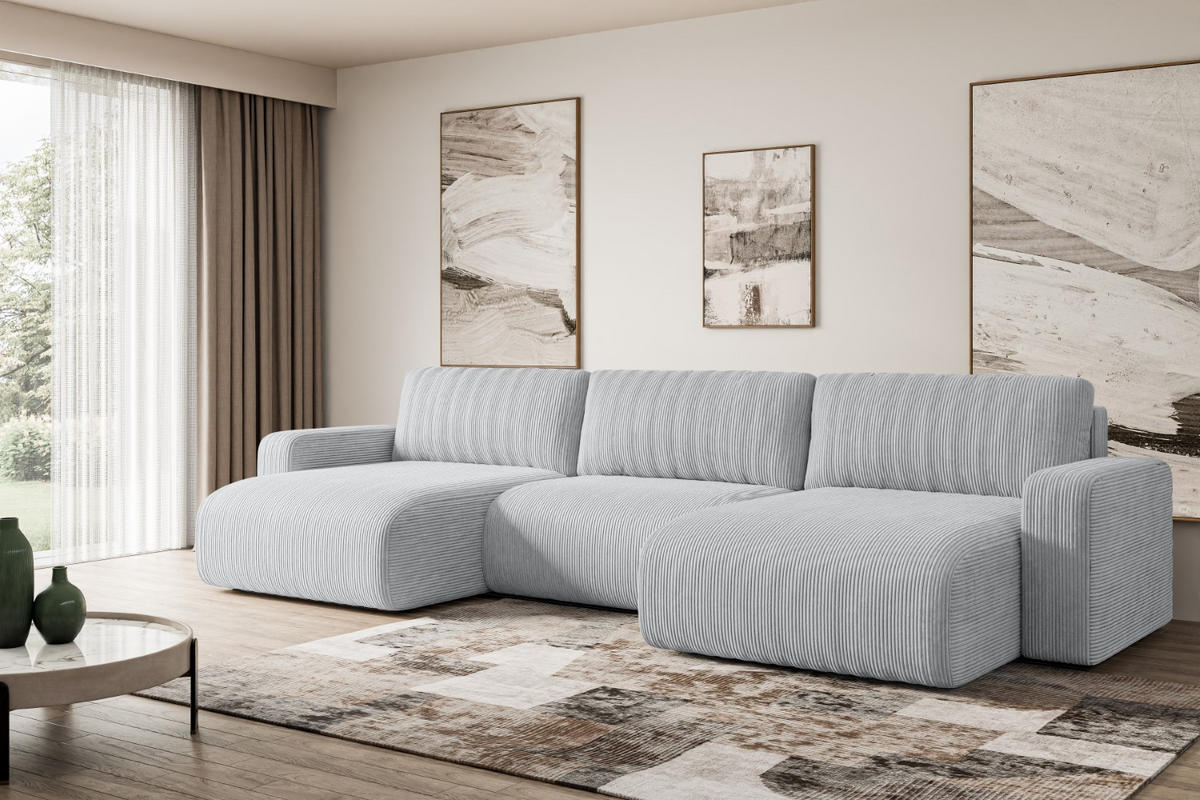 WOHNLANDSCHAFT mit Schlaffunktion und Bettkasten KLEEA-U - 347x143x83 cm Grau Cord - Schwarz/Grau, Holzwerkstoff/Kunststoff (347/83/143cm) - ALTDECOR