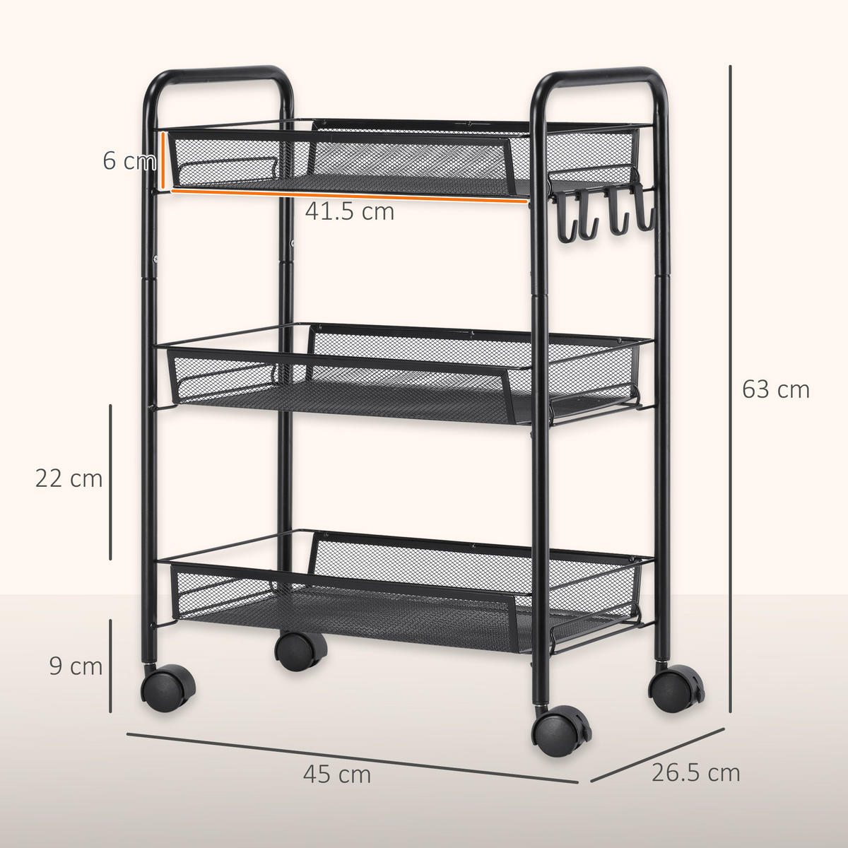 KÜCHENWAGEN, 3-stöckiger Wagen mit Körben, 41,5 x 26,5 x 63 cm, Schwarz - Multicolor, Metall (45/63/26.5cm) - FORIOUS