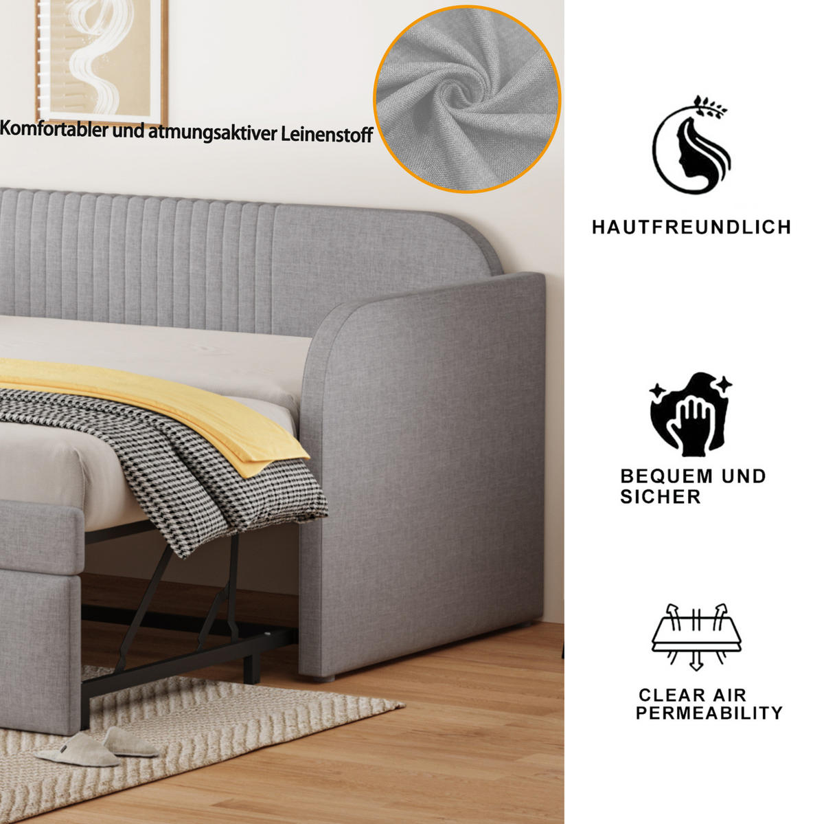 POLSTERBETT 90/190 cm aus Leinenstoff mit Lattenrost, Hellgrau - Hellgrau, Textil (90/190cm) - OKMYHOME