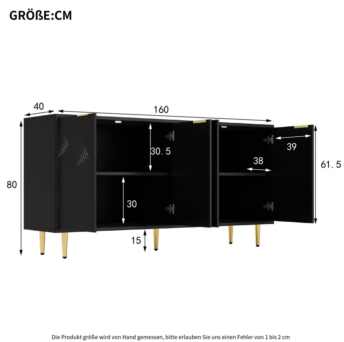 SIDEBOARD 160/40/80 cm aus MDF und Spanplatte mit 4 Türen Schwarz - Schwarz, Holzwerkstoff (160/80/40cm) - Modenvie