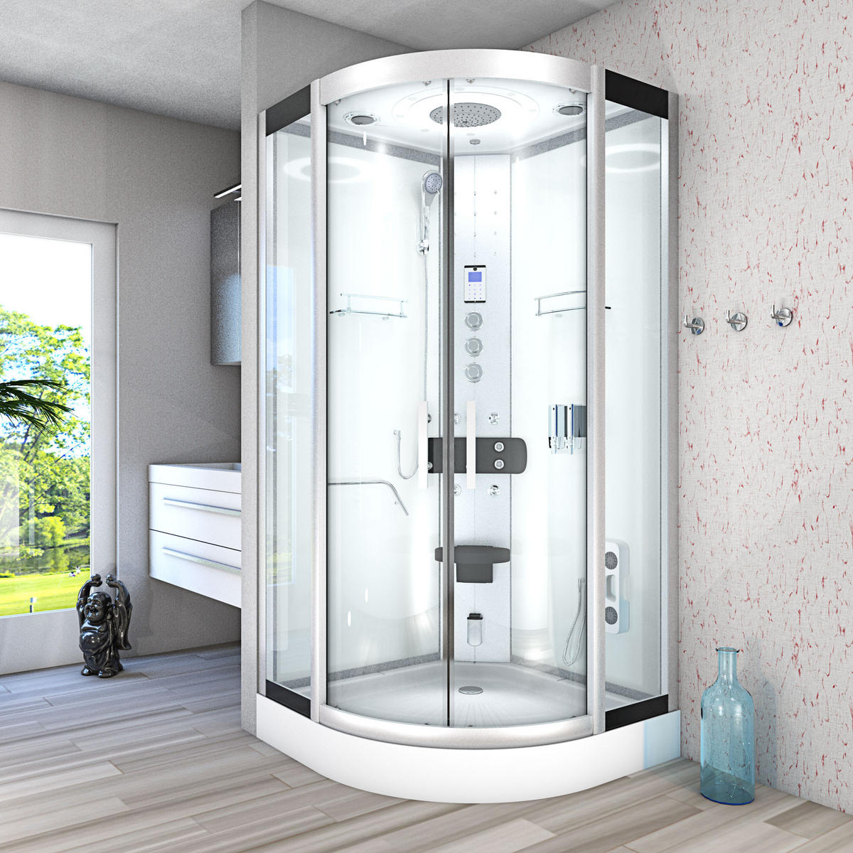 DAMPFDUSCHE Duschkabine D58-10T3 Weiß 90x90 - Weiß, Glas/Kunststoff (90/90/215cm) - AcquaVapore by Sandra Jentho