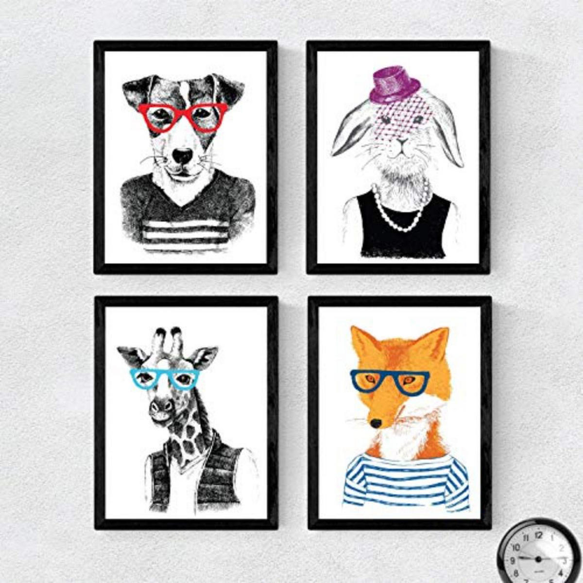 POSTER Set mit 4 „Hipster Animals“ A4 Schwarzer Rahmen - Schwarz, Papier (29.7/3cm) - Nacnic