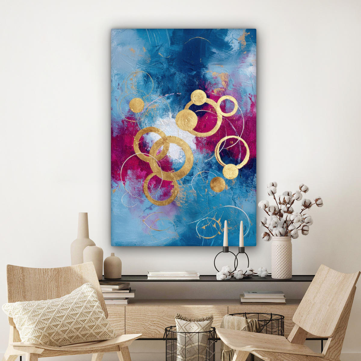 LEINWANDBILD Kreise - Gold - Abstrakt Deko Groß 90x140 cm - Blau, Textil (90/140cm) - MuchoWow