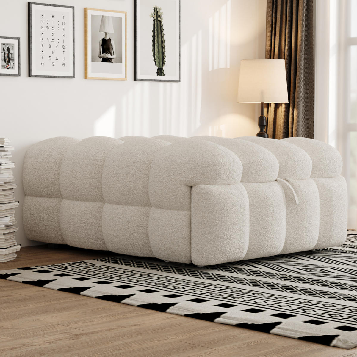 SCHLAFSOFA 183/76/42 cm Beige 2-in-1 Schlafsofa aus Teddy-Stoff mit Fußhocker - Creme, Textil (76/42/183cm) - OKWISH