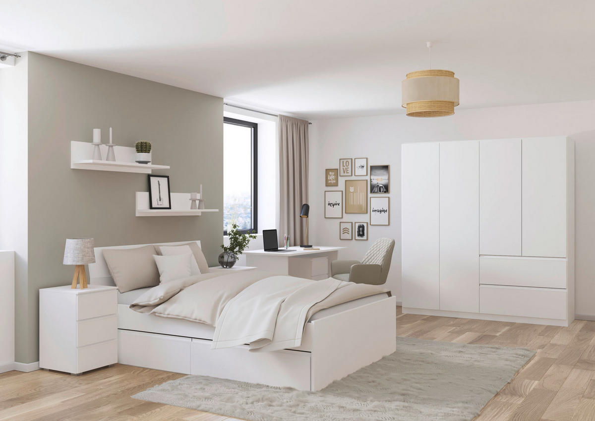 JUGENDZIMMER Joel in Weiß 5 teilig – mit 4türigem Kleiderschrank ohne Spiegel, 140er Jugendbett, Nachttisch, Schreibtisch und Rollcontainer - Weiß, Holzwerkstoff (80/200/120cm)