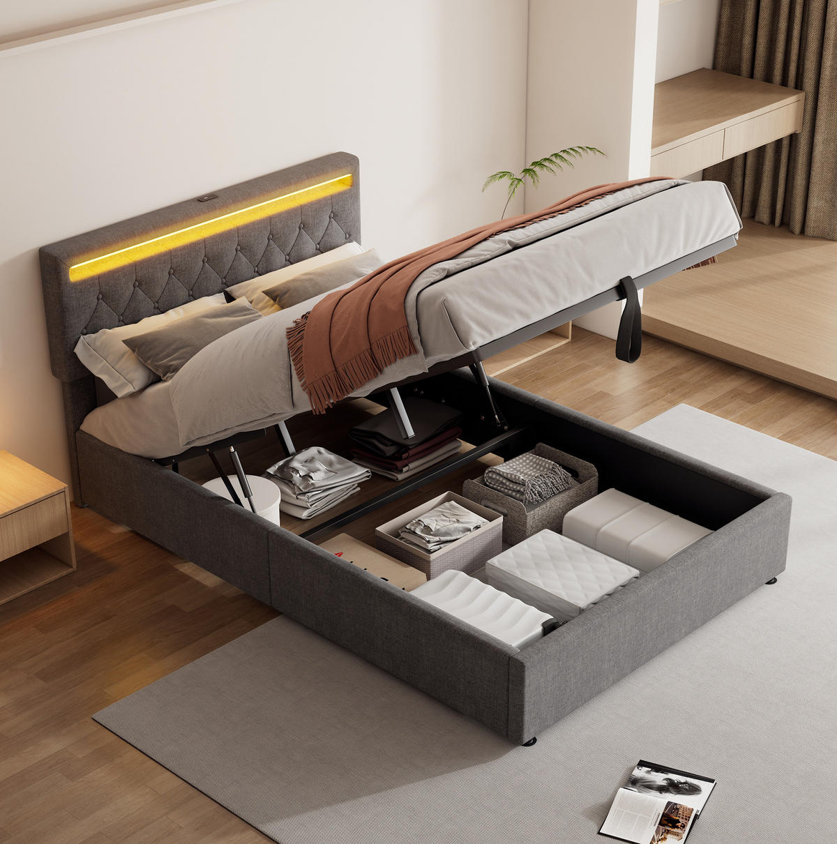 POLSTERBETT mit LED-Beleuchtung 140/200 cm in Grau mit Bettkasten & USB-C - Grau, Textil (140/200cm) - BEAOK