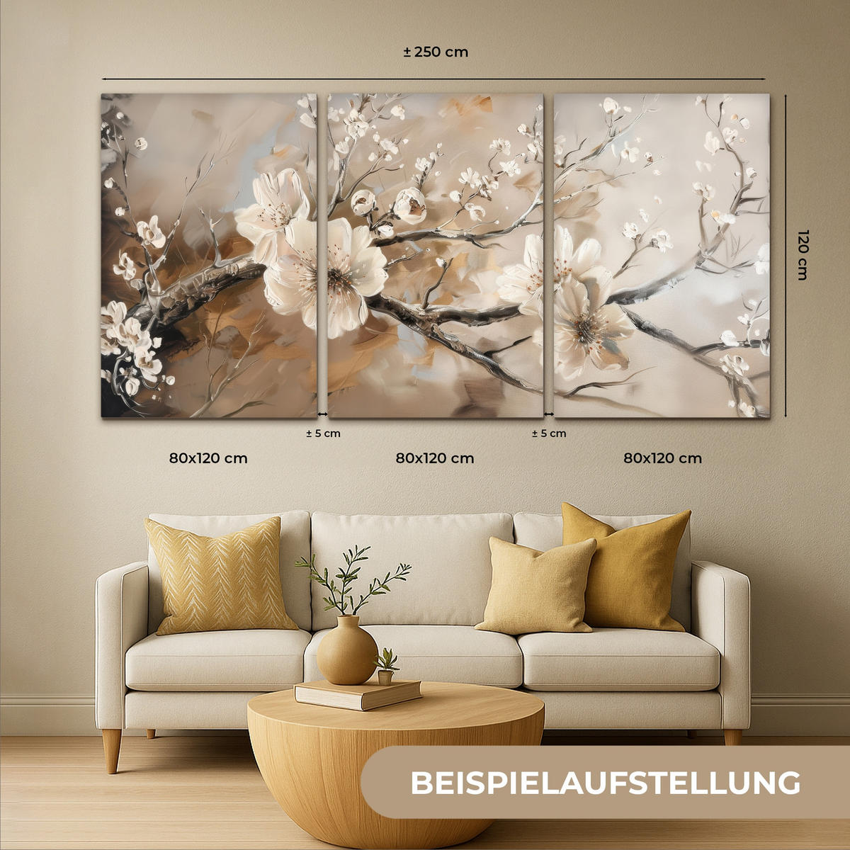 LEINWANDBILD 3er Set Blüte - Beige - Abstrakt - Blumen 240x120 cm - Hellbraun, Textil (240/120cm) - MuchoWow
