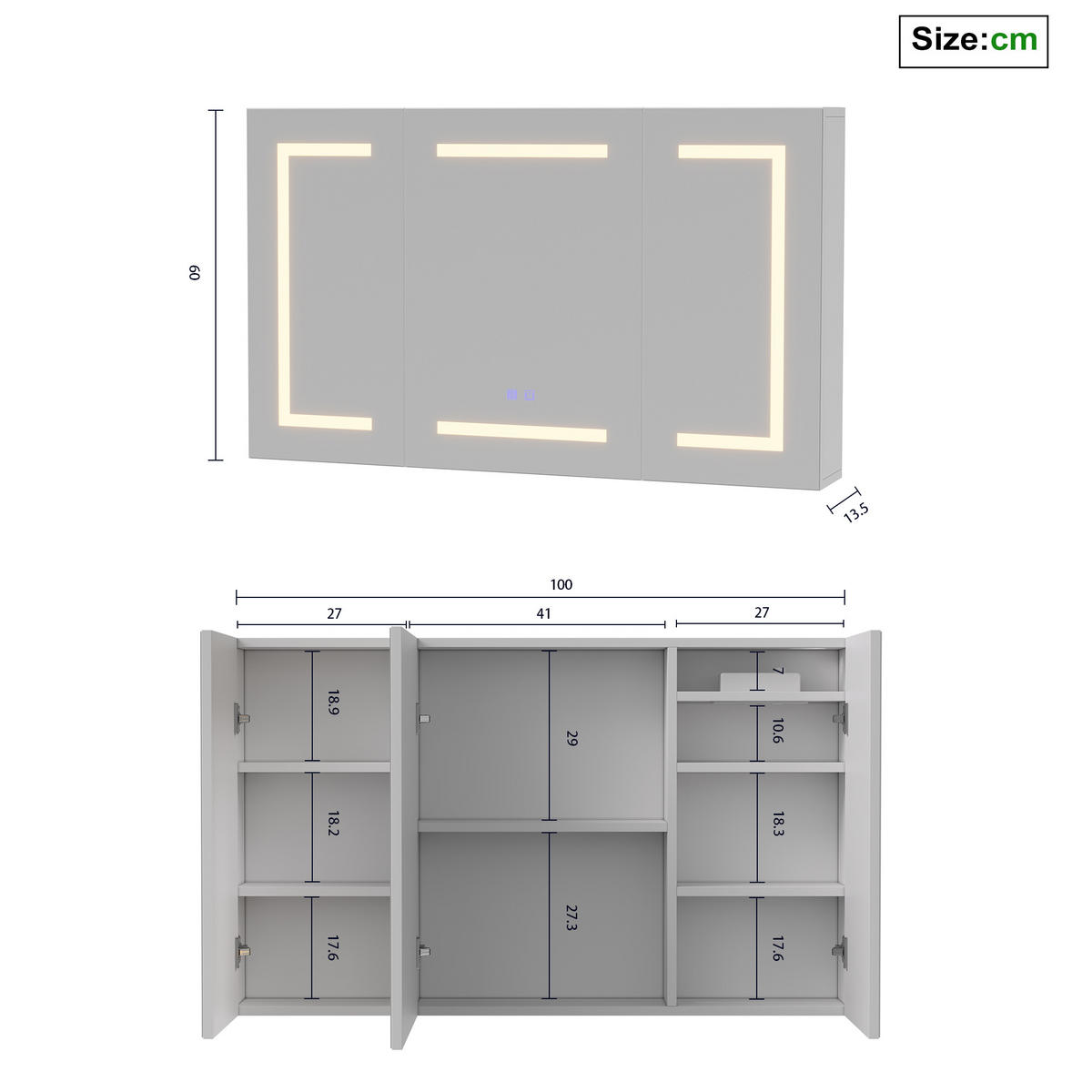 SPIEGELSCHRANK | Steckdose,Papierschlitz,3-LED,Antibeschlag,verstellbar - Silberfarben/Weiß, Glas/Holzwerkstoff (13.5/60/100cm) - SHOPENTRA