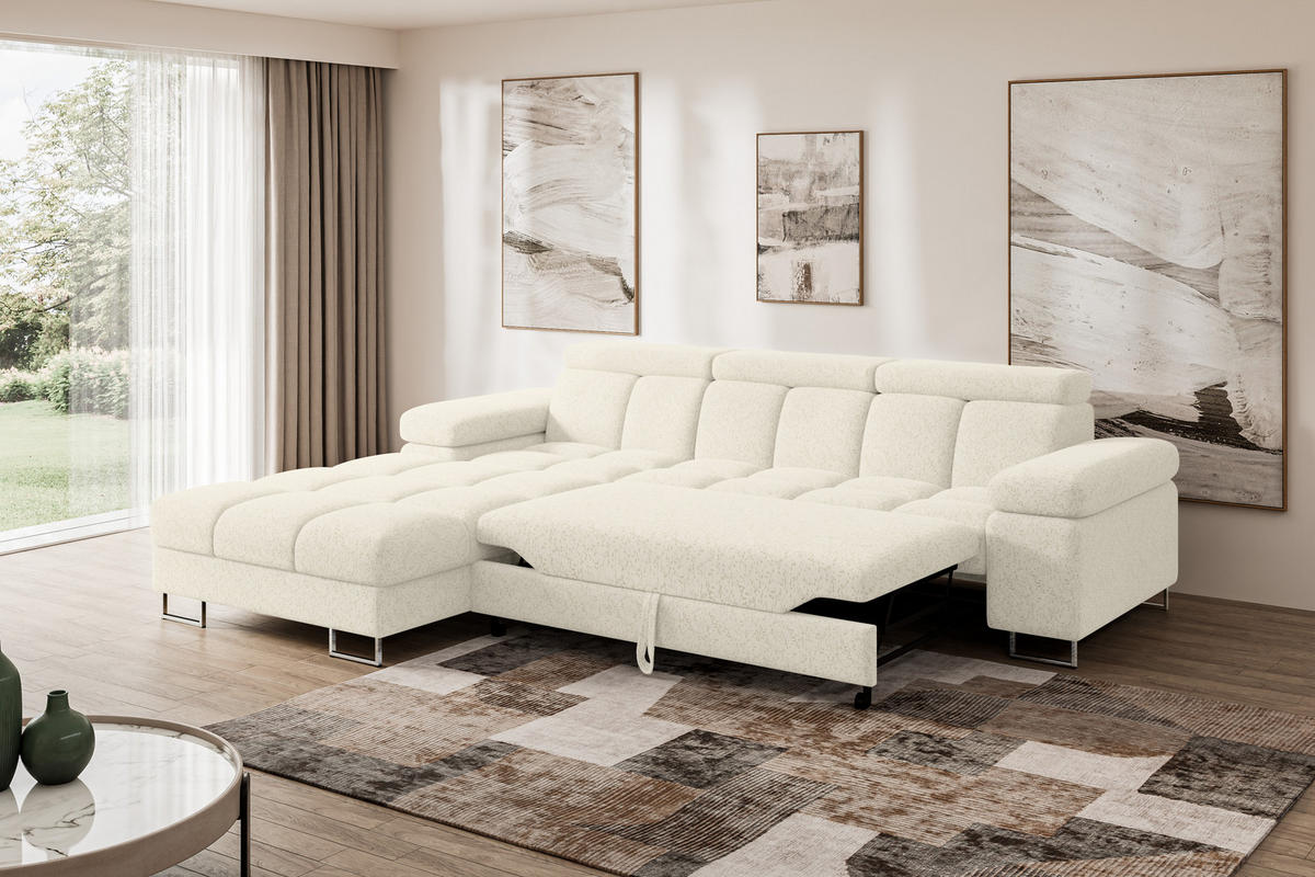 ECKSOFA mit Schlaffunktion Ottomane Links COMA L 271x203x79 Creme Tissu - Creme, Holzwerkstoff/Textil (271/203cm) - ALTDECOR