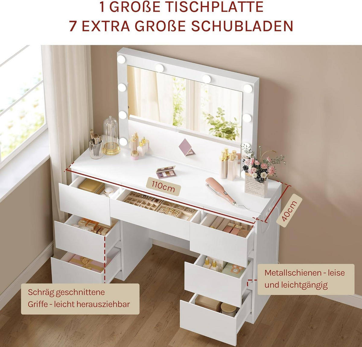 SCHMINKTISCH mit LED-Beleuchtung Steckdose Spiegel, Weiß - Weiß, Glas/Holzwerkstoff (110/140.5/39.5cm) - Woltu