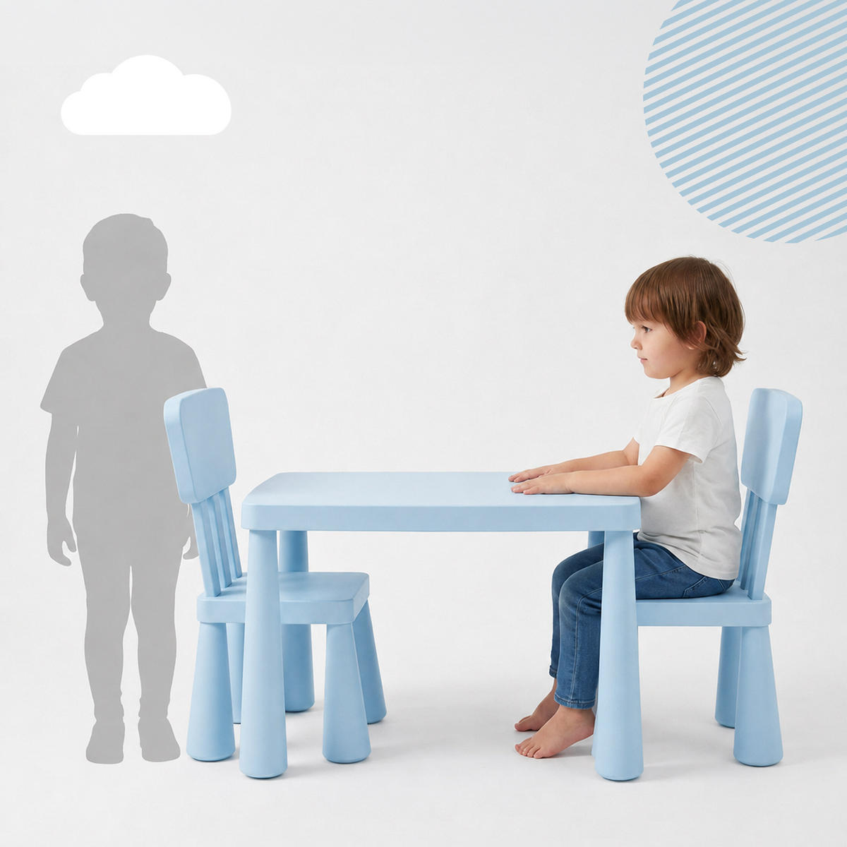 SESTAVA Modrá 3dílný-set dětský stůl 2 židle plast - modrá, plast (77/48/55cm) - Relaxdays
