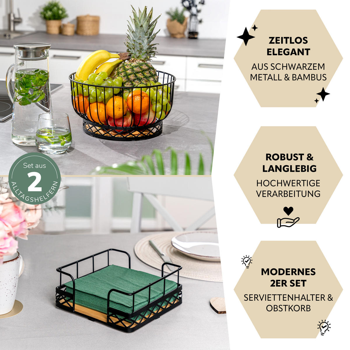 OBSTKORB mit Serviettenhalter, Bambus, Metall, schwarz - Schwarz, Metall (29/15cm) - bremermann