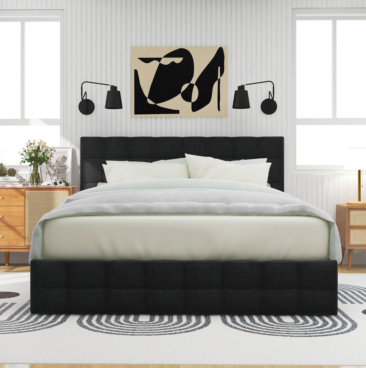 POLSTERBETT 140/200 cm mit 4 Schubladen, höhenverstellbarem Kopfteil & Stahl-Lattenrost, Schwarz - Schwarz, Textil (140/200cm) - Redom