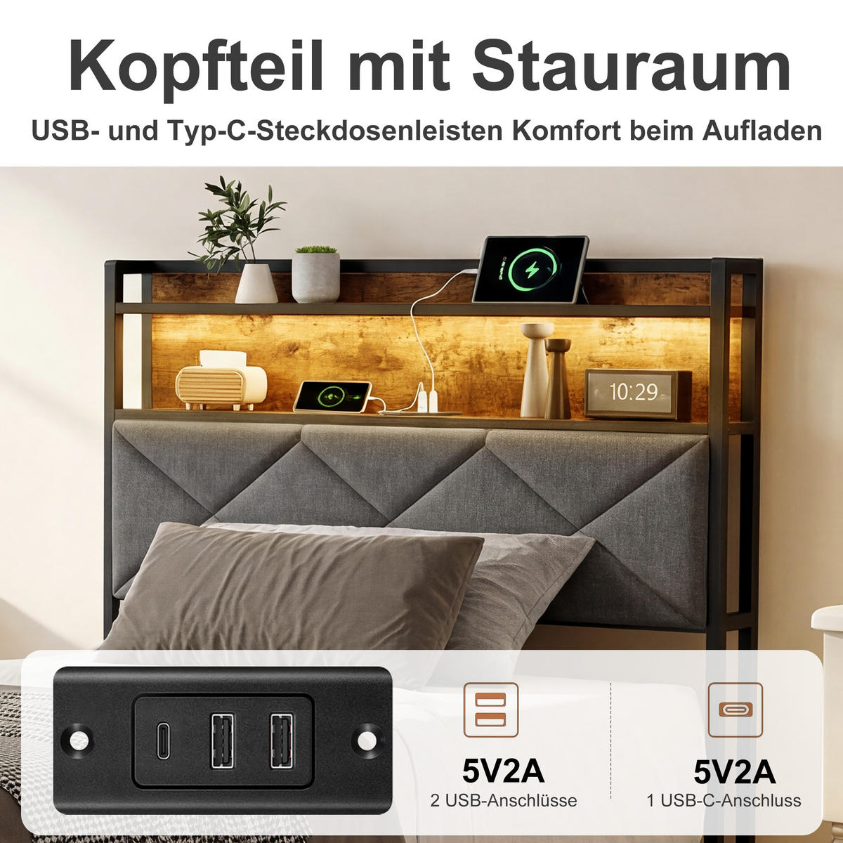 METALLBETT 90x200 cm mit LED, USB & Ablage, Grau - Grau, Metall (90/200cm) - EuroLiving