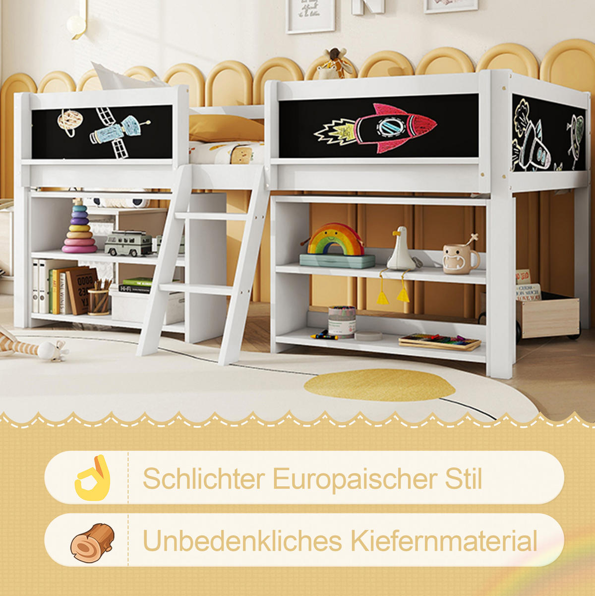 HOCHBETT 90/200 cm Weiß aus Kiefernholz und MDF mit Stauraum - Weiß, Holz (90/200cm) - OKMYHOME