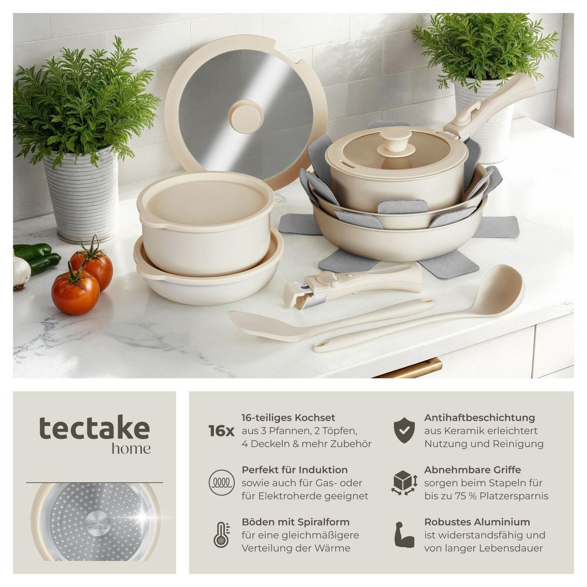 KOCHTOPFSET Genua,2 Küchenwerkzeuge und 3 Topfschoner aus Filz,weiß - Weiß, Metall - tectake