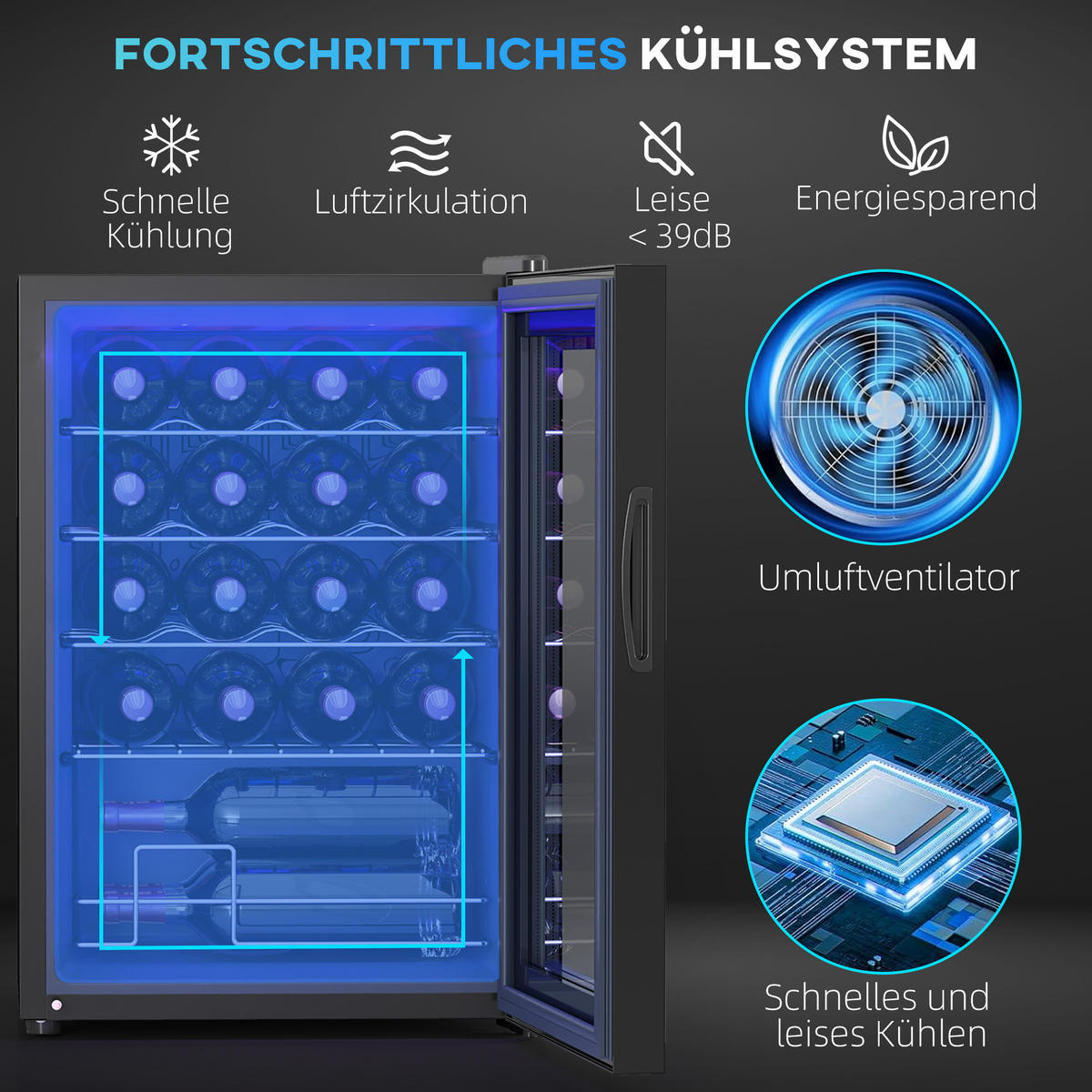 WEINKÜHLSCHRANK Metall Hartglas Schwarz - Schwarz, Metall (45/64/43cm) - HOMCOM