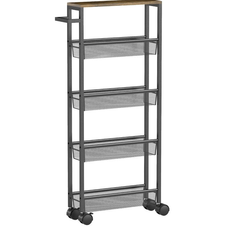 Redom MOBILNÍ kuchyňský ostrůvek na kolečkách 47/13/96,5 cm s pracovní deskou a 5 úrovněmi úložného prostoru, mobilní a úzký, Černá