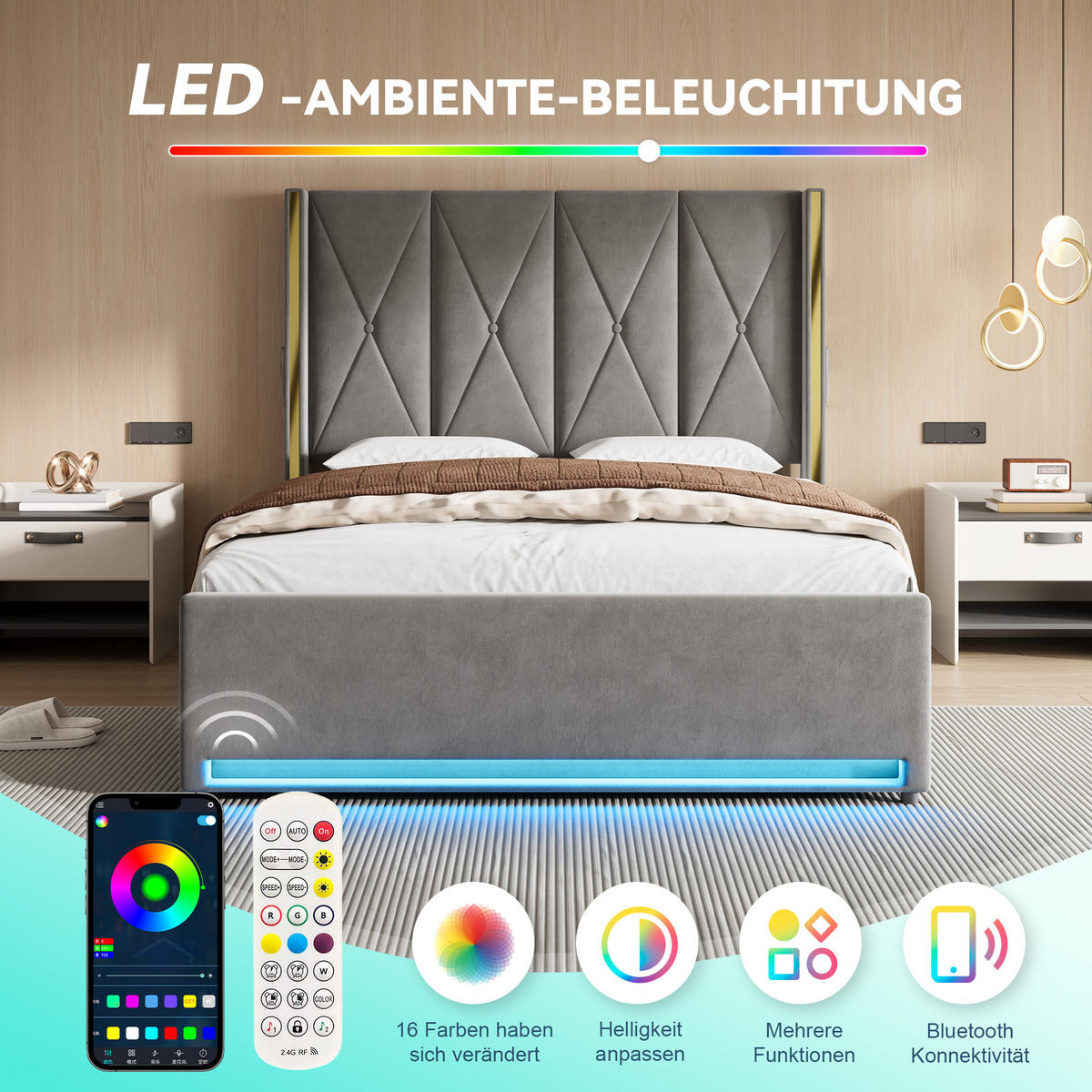 POLSTERBETT 160/200 cm in Dunkelgrau Samt mit Bettkasten, USB, LED und Seitentaschen - Dunkelgrau, Holzwerkstoff/Textil (160/200cm) - WISHDOR