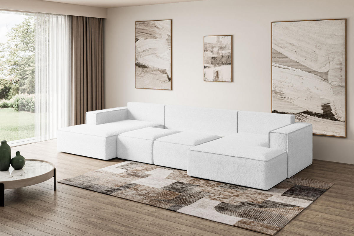 WOHNLANDSCHAFT mit Schlaffunktion und Bettkasten SIERRA-U-S - 349x161x87 cm Weiß Bouclé - Schwarz/Weiß, Holzwerkstoff/Kunststoff (349/87/161cm) - ALTDECOR