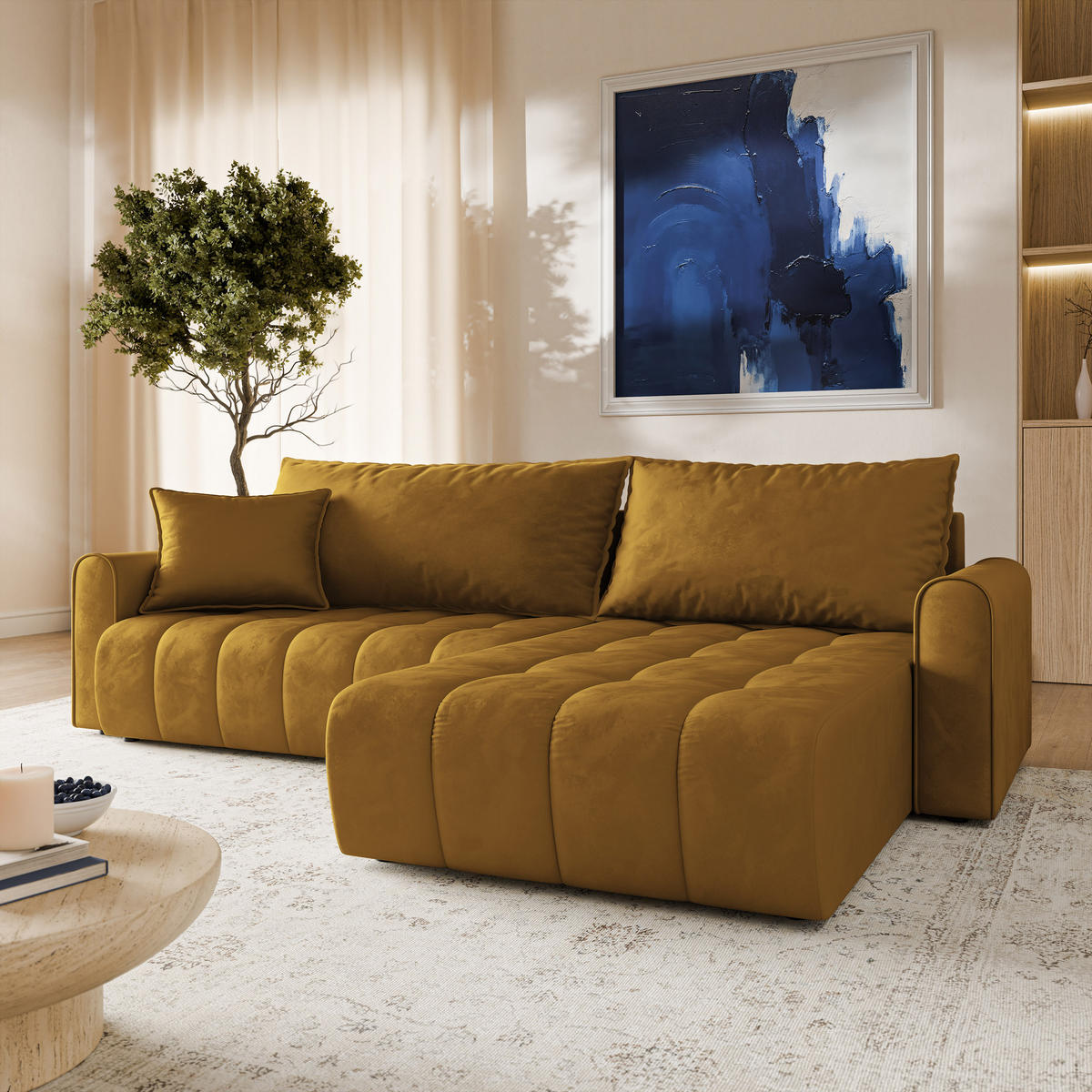 ECKSOFA FRIGA Gelb Velours-Stoff mit Schlaffunktion - Gelb, Holz (283/185cm) - MASSENO