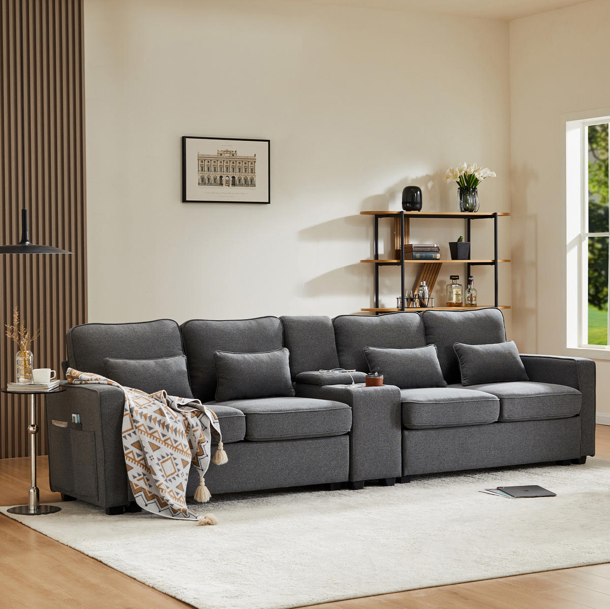 4-SITZER Sofa Leinenstoff mit Konsole USB-Anschluss und Getränkehaltern 290/83/88 cm Dunkelgrau - Dunkelgrau, Textil (88/290/83cm) - Redom