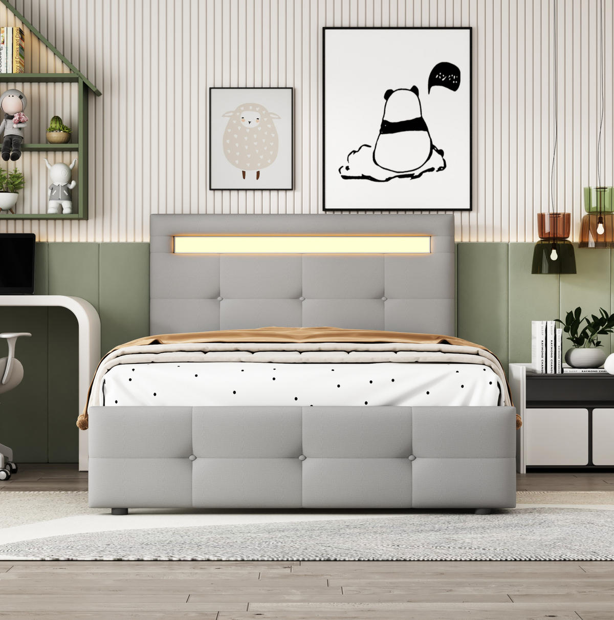 POLSTERBETT mit LED und 2 Schubladen 90x200 cm Grau - Grau, Holzwerkstoff (90/200cm) - Beauniv