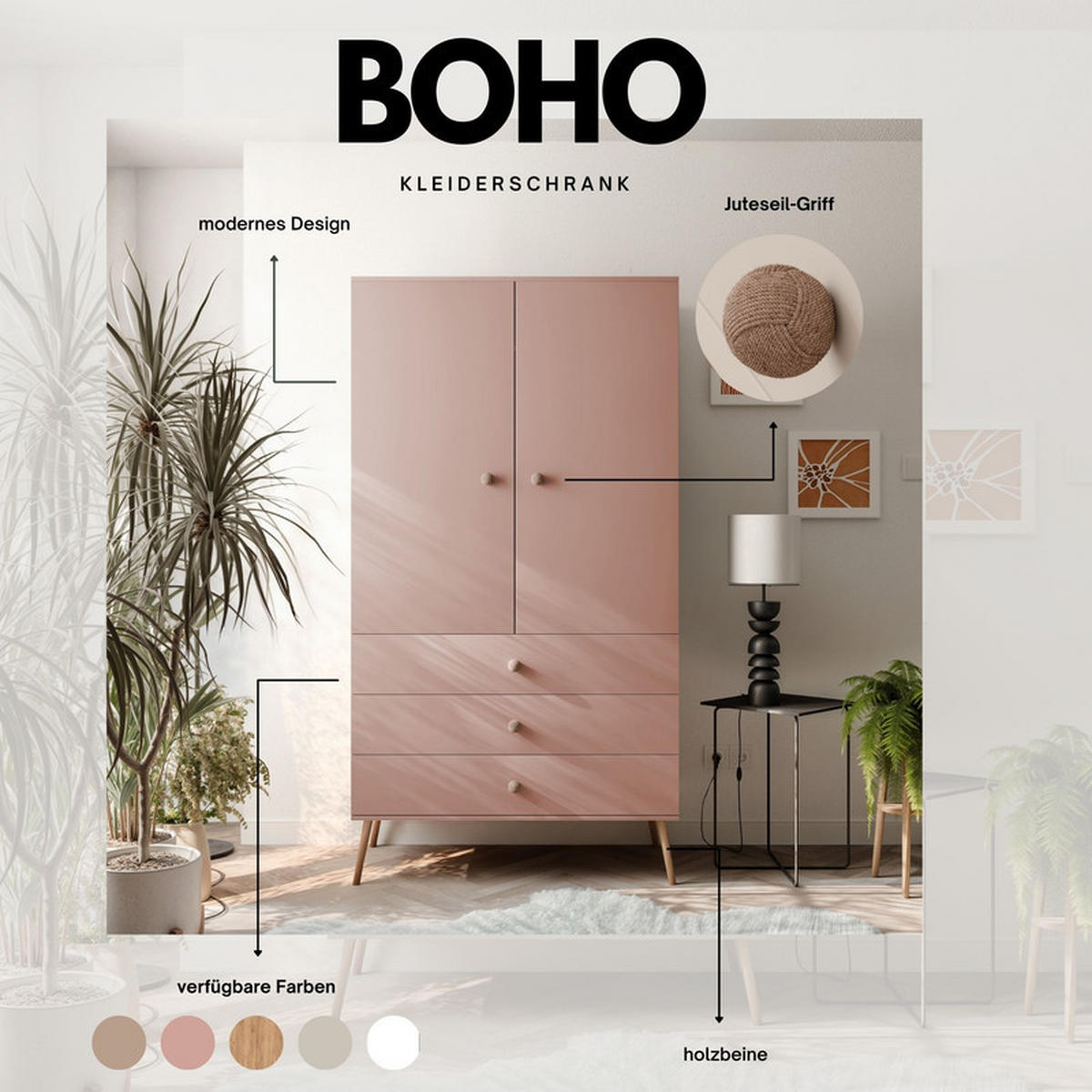 DREHTÜRENSCHRANK VALERIO 2-türig 100/52/202 cm Rosa - Rosa, Naturmaterialien/Holz (100/202/52cm) - Idohome