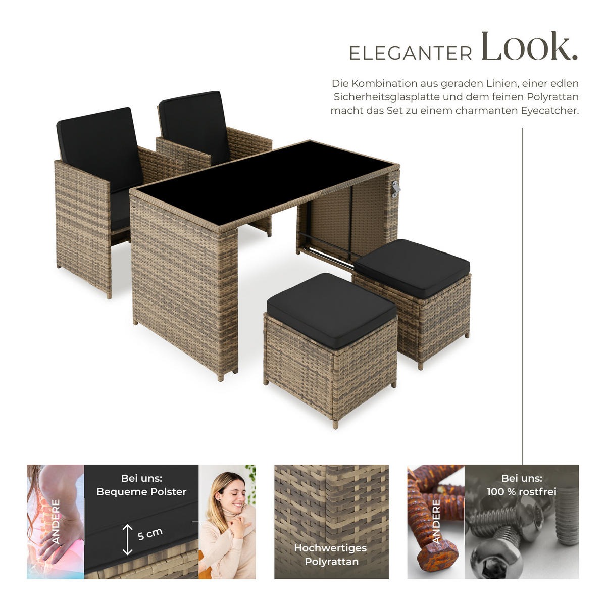 RATTAN SITZGRUPPE Palermo,inklusive Flaschenöffner, zusammenschiebbar,natur - Naturfarben, Kunststoff - tectake