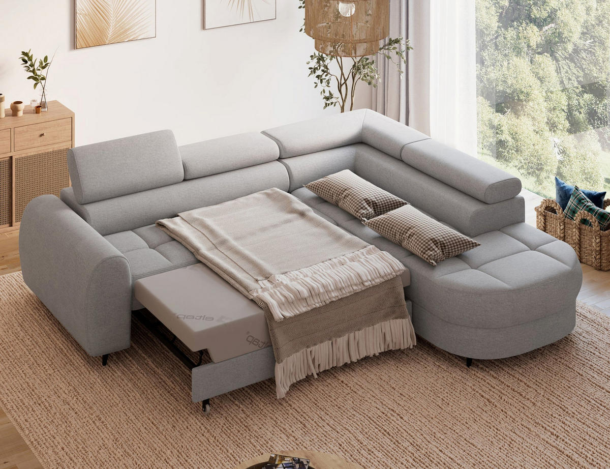 ECKSOFA Vesteria mit Schlaffunktion und Bettkasten – Modernes Design, verstellbare Kopfstützen und hoher Sitzkomfort - Grau, Kunststoff (279/72cm) - Wohnideebilder