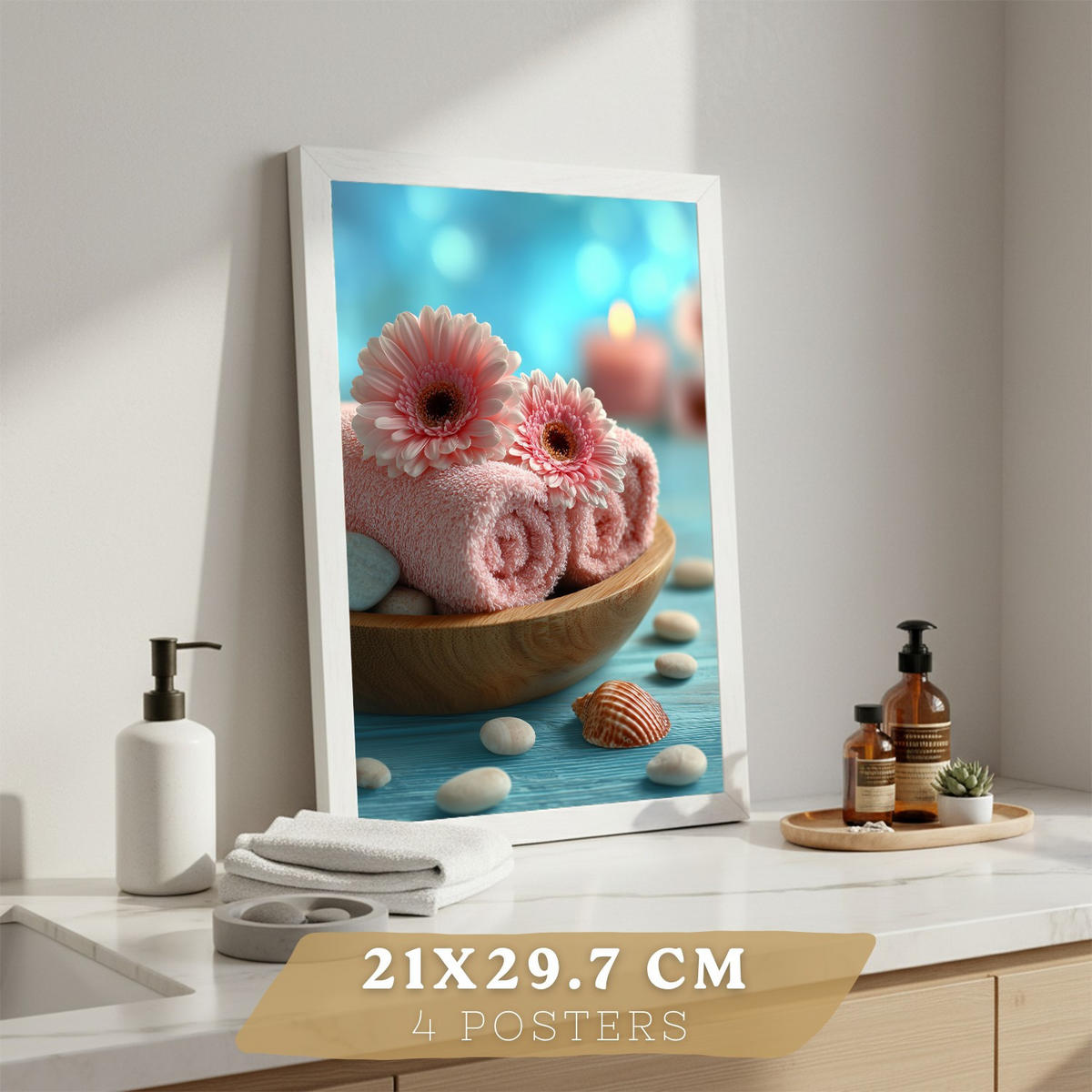 POSTER 4er-Set Badezimmer-Wandposter, Strand-Spa-Poster für Waschbecken, Dusche, WC mit Muscheln, Kerzen, Handtüchern und Meersalz Rahmenlos A4 - Klar, Papier (29.7/21/3cm) - Nacnic