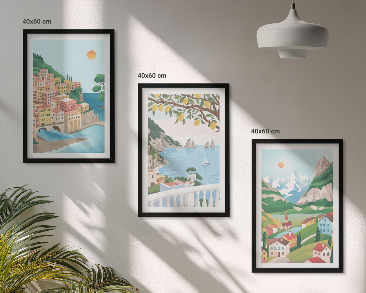BILDER SET 3er Set - 40x60 cm Schwarzer Rahmen - Pastellfarbene Küstenansichten - Schwarz, Kunststoff (40/60cm) - TULUP