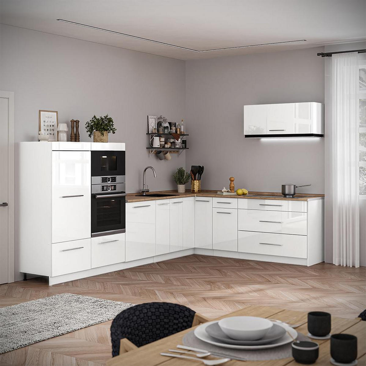 KUHINJA V OBLIKI ČRKE L Fame-Line, Bela visok sijaj/Bela, 327 x 227 cm, DP Marmor - bela/visoki sijaj, leseni material (327/153.6/60cm) - Vicco