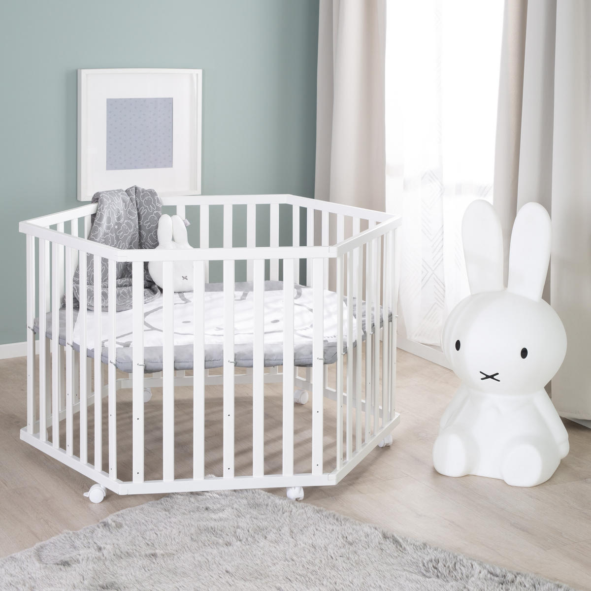 LAUFGITTER 6-eckig, Miffy - Weiß, Holzwerkstoff (118.5/72.5/103.5cm) - Roba