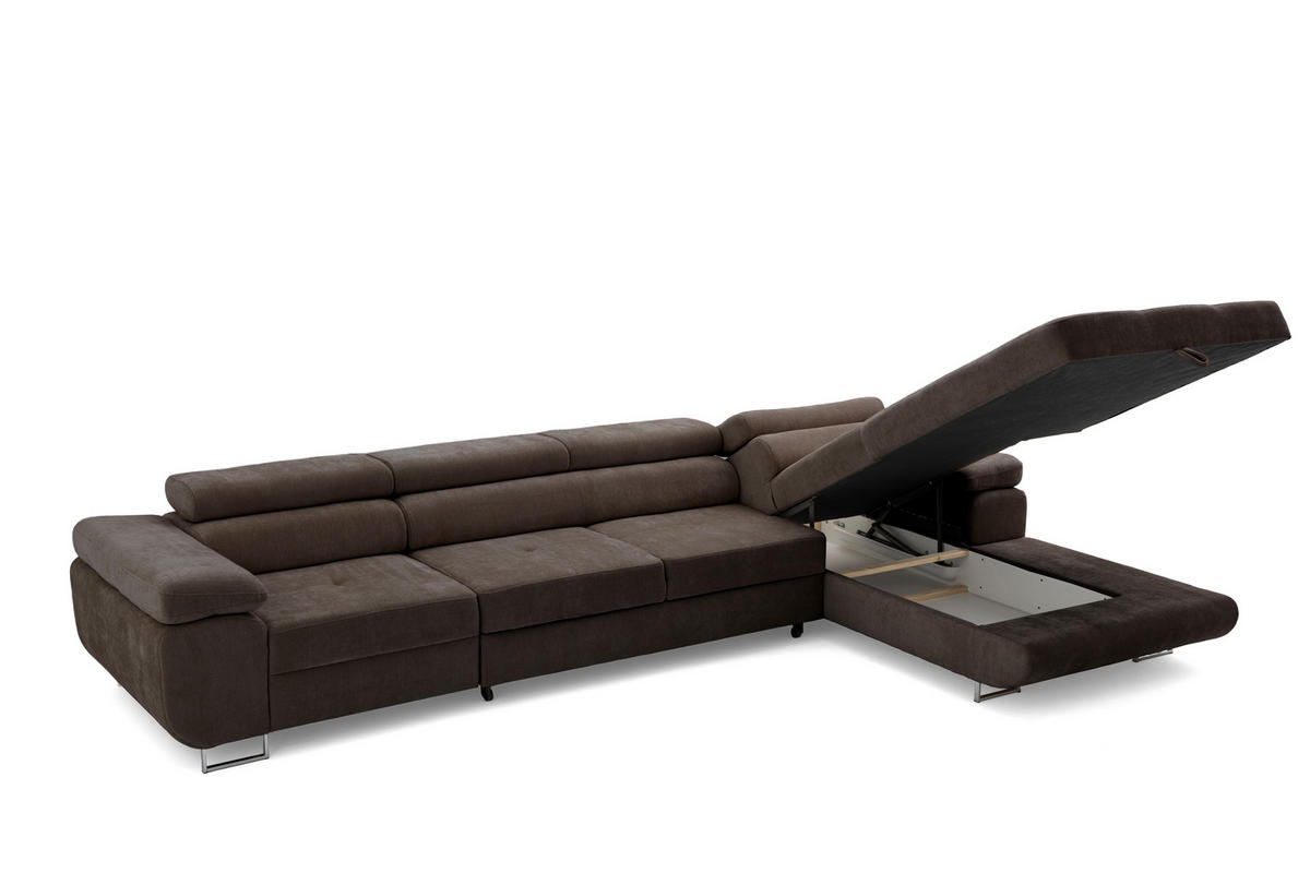 ECKSOFA ALONZO MAXI Rechts mit Schlaffunktion 125x195 Chenille Dunkelbraun - Chromfarben/Dunkelbraun, Holz/Textil (203/350cm) - Muffo