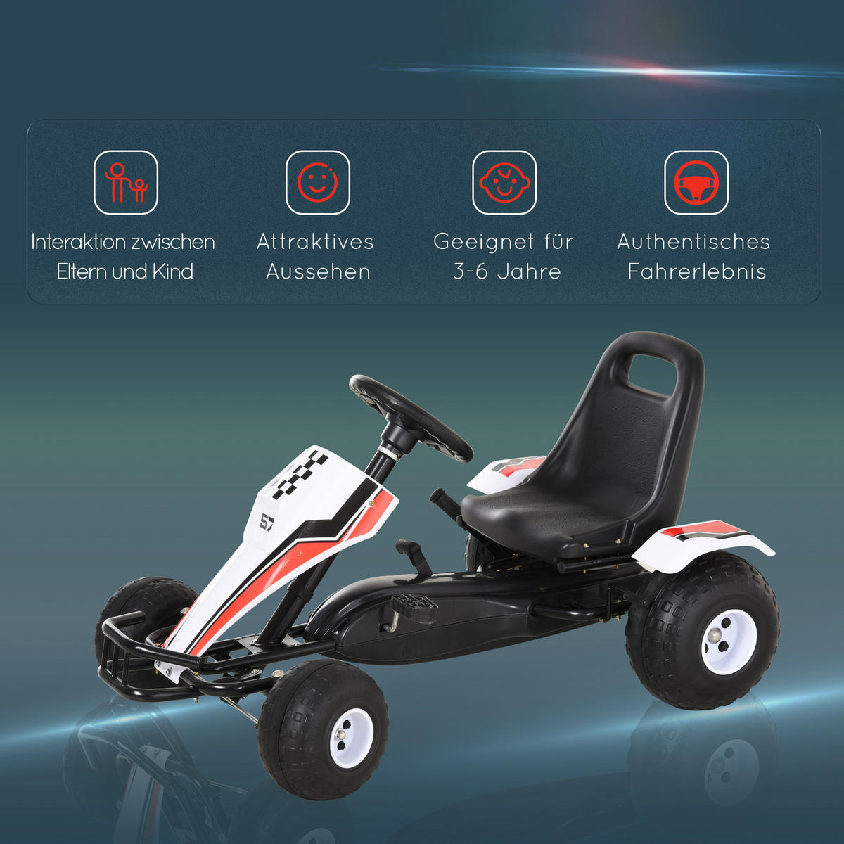 GO Kart Mit Pedal Kinderfahrzeug Tretauto mit Pedal für 3-6 Jahre Stahl Weiß - Weiß, Metall (104/66/57cm) - HOMCOM
