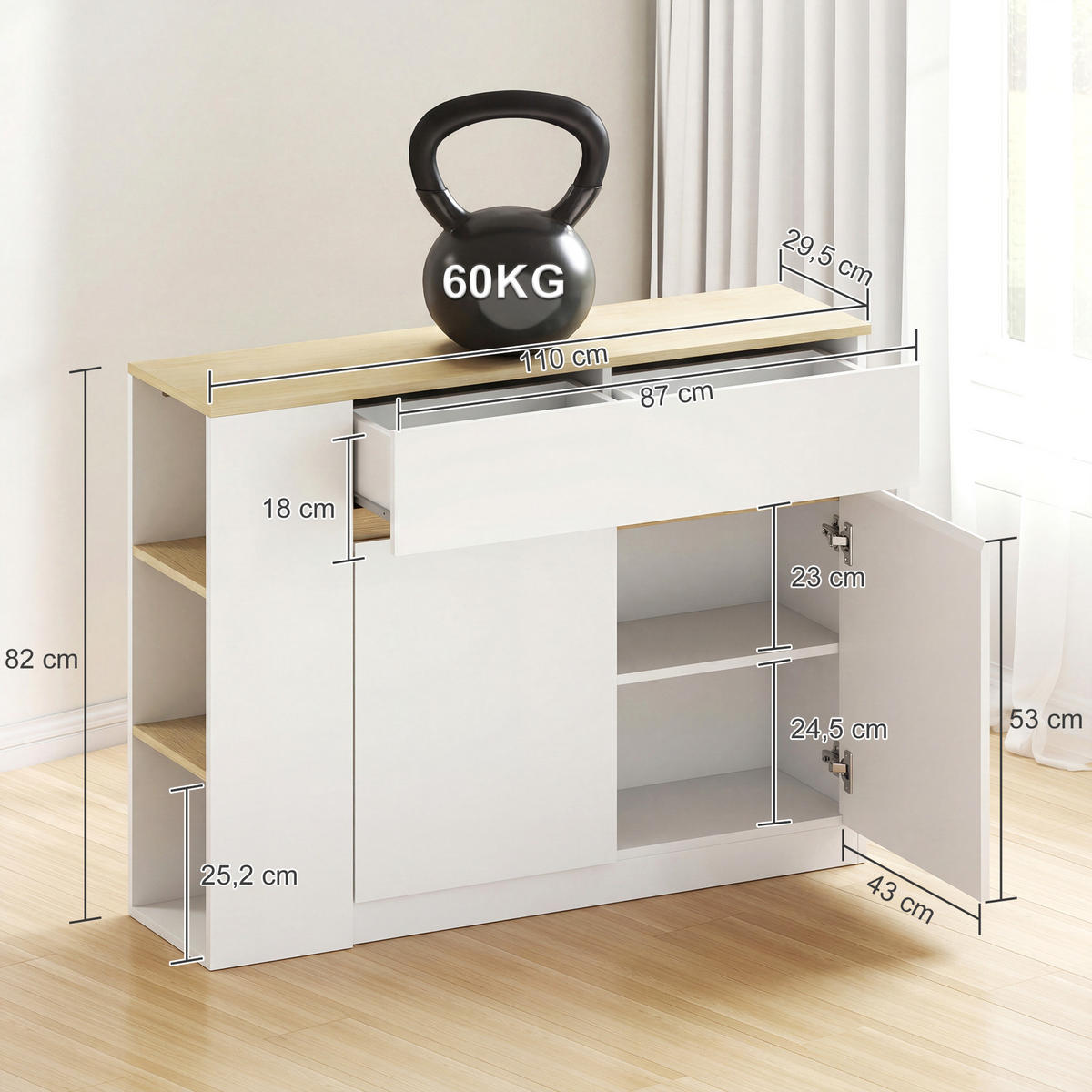 SIDEBOARD Weiß/Holzfarben, 110/29,5/82 cm - Weiß, Holz (110/82/29.5cm) - PANGIVO