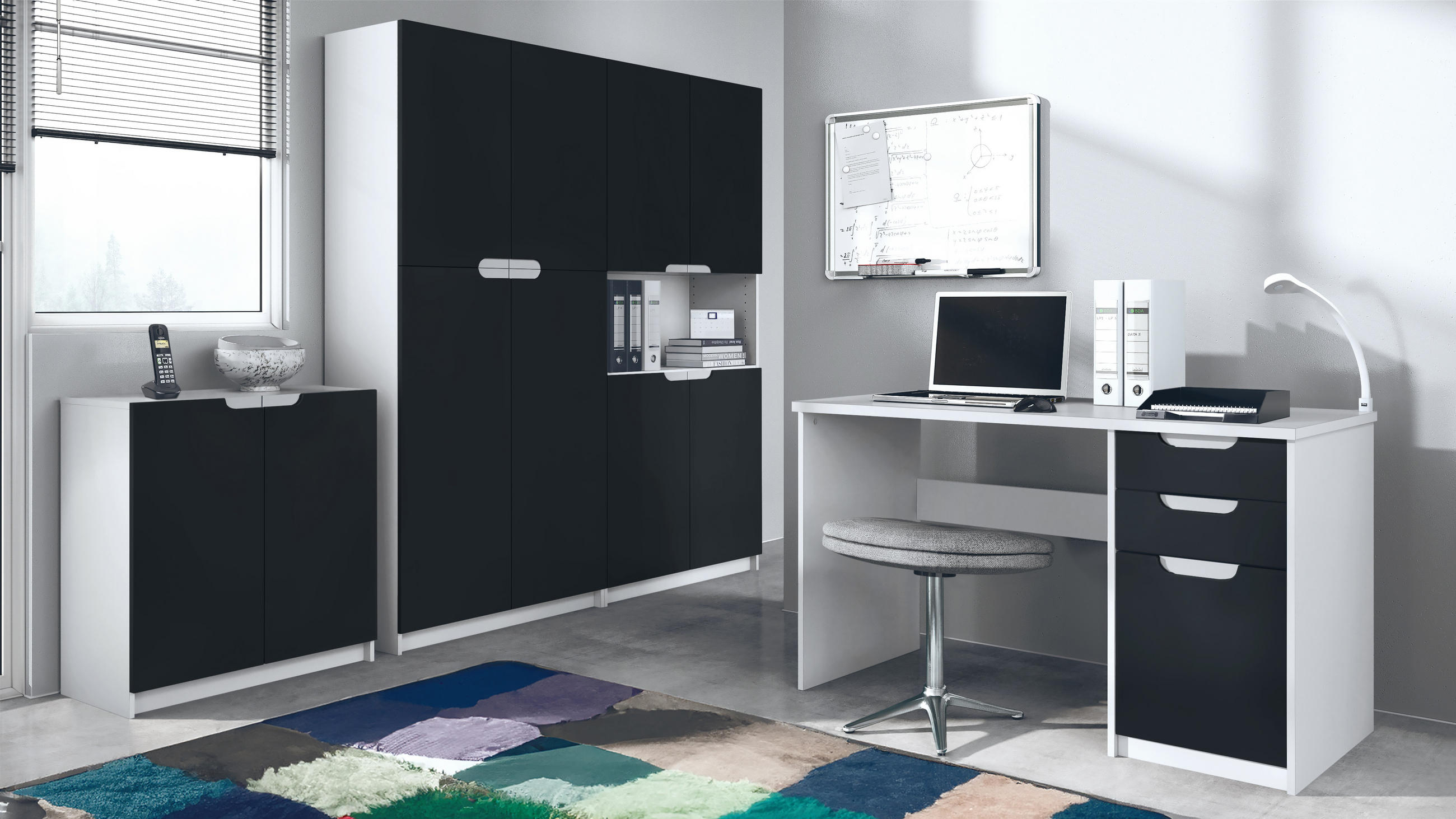 BÜROMÖBELSET Logan Fronten in Schwarz matt - Schwarz, Holzwerkstoff (246/185/60cm) - Vladon