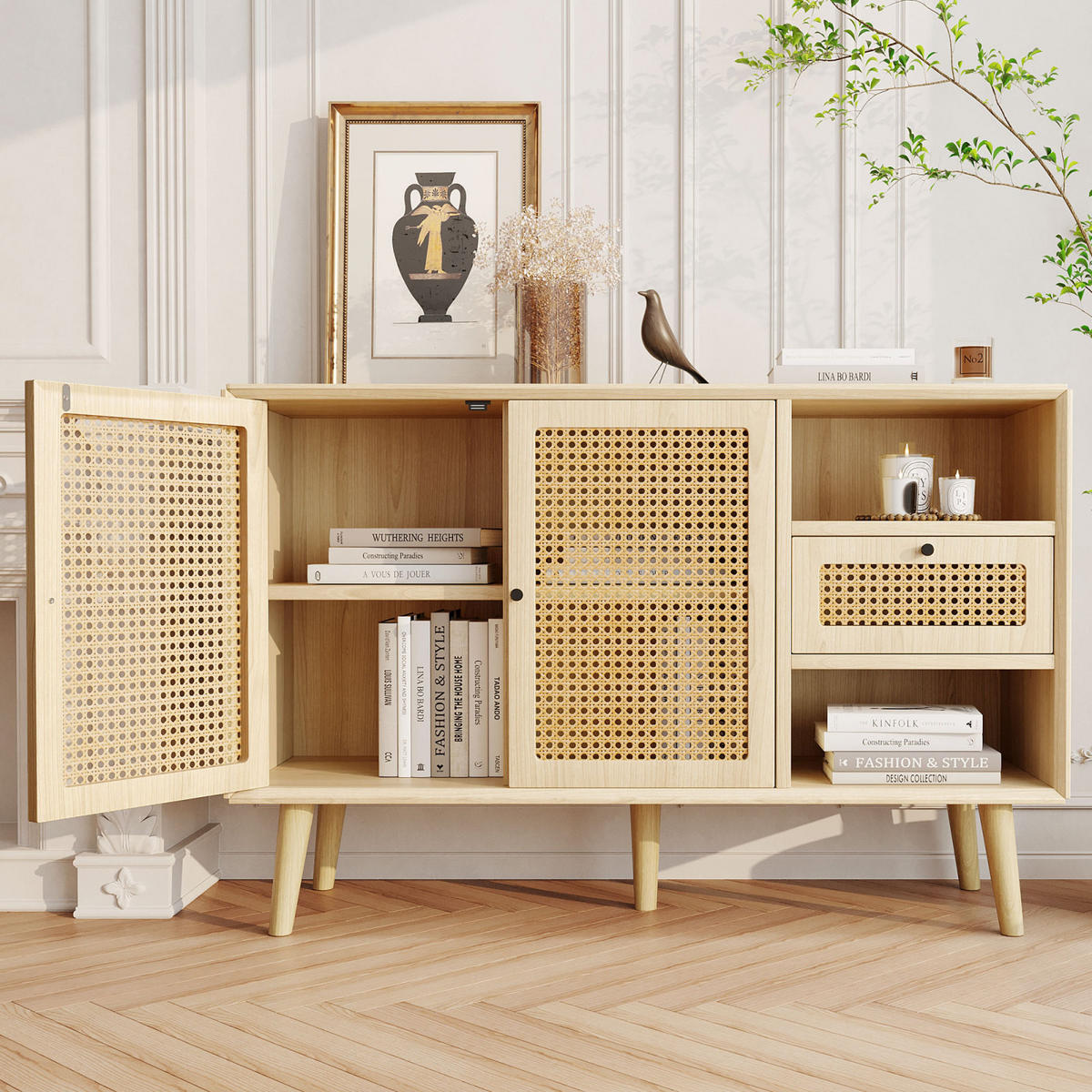 SIDEBOARD 120x40x80 cm, 2 Türen, Schublade, Rattanoptik - Kastanienfarben, Holz (120/80/40cm)