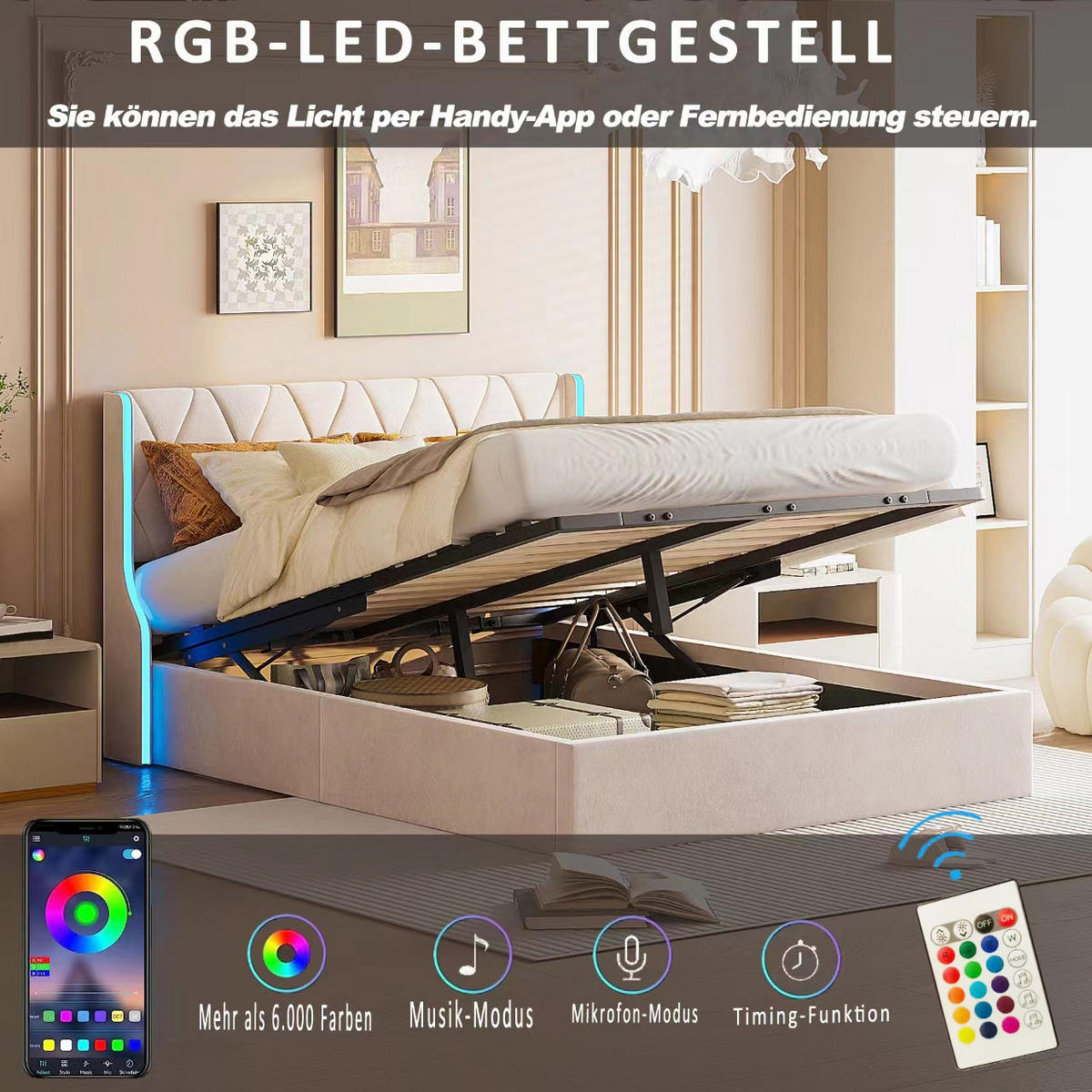 POLSTERBETT 140/200 cm mit LED-Beleuchtung & Hydraulik-Stauraum, Samt gepolstertes Steppkopfteil, Lattenrost inklusive - Beige, Holz/Metall (140/200cm) - Joyfair