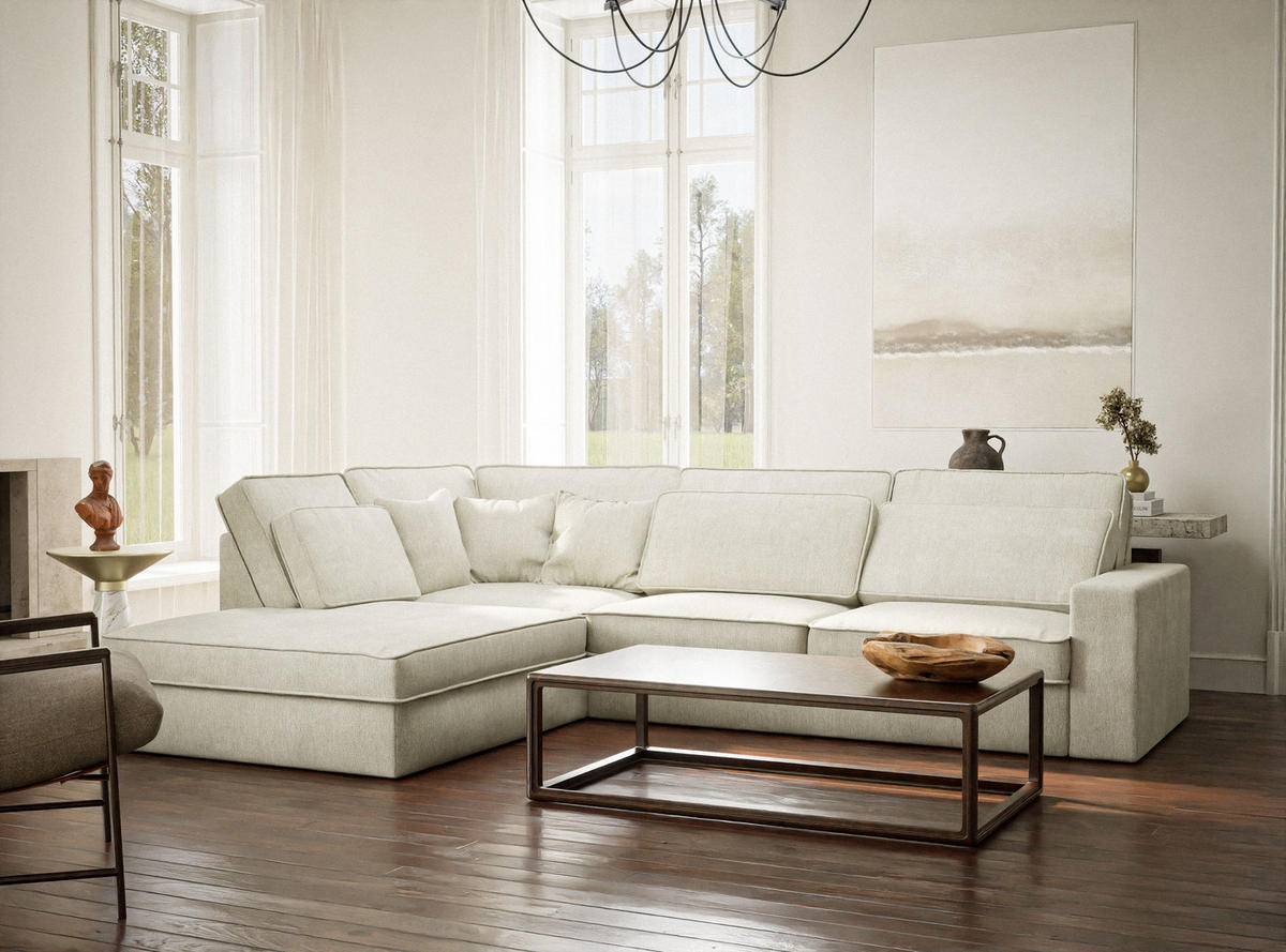 ECKSOFA Kirou Creme Chenille-Stoff - Links Seite - Creme/Schwarz, Holz/Holzwerkstoff (225/311cm) - Maison de Reve