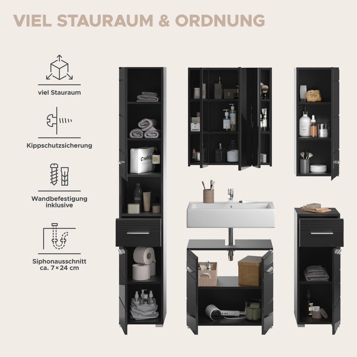 BADMÖBEL Set Linus 5tlg. Bad Kombination in Weiß o. Schwarz (B/H/T: 151x182x34 cm) - Schwarz, Holz (151/182/34cm)