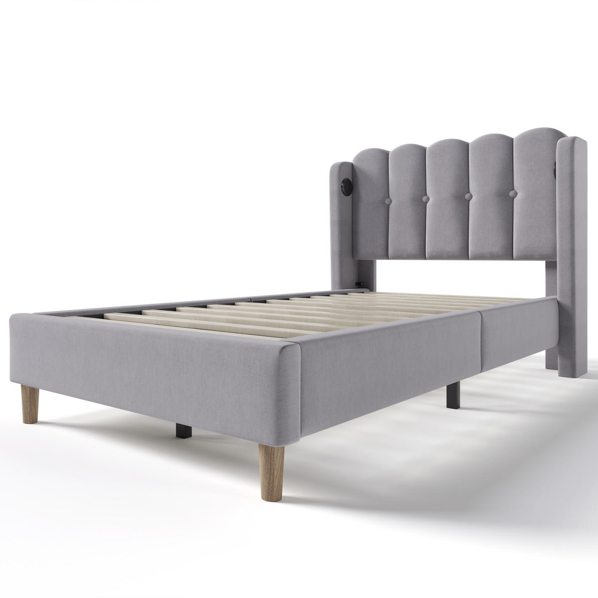 POLSTERBETT 90/200 cm in Grau Leinen mit USB Typ C Ladefunktion - Grau, Holz/Textil (90/200cm) - KOMHTOM