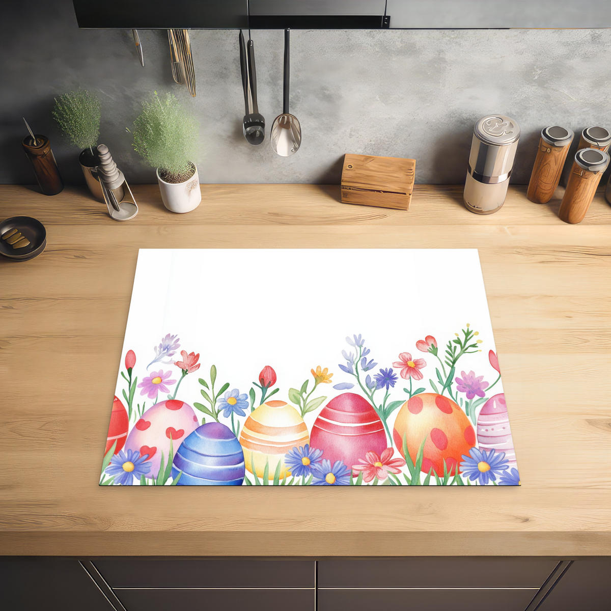 HERDABDECKPLATTE Blumengarten - Bunt - Eier Herdabdeckung Induktionsfeld 65x52 cm - Weiß, Kunststoff (65/52/0.2cm) - MuchoWow