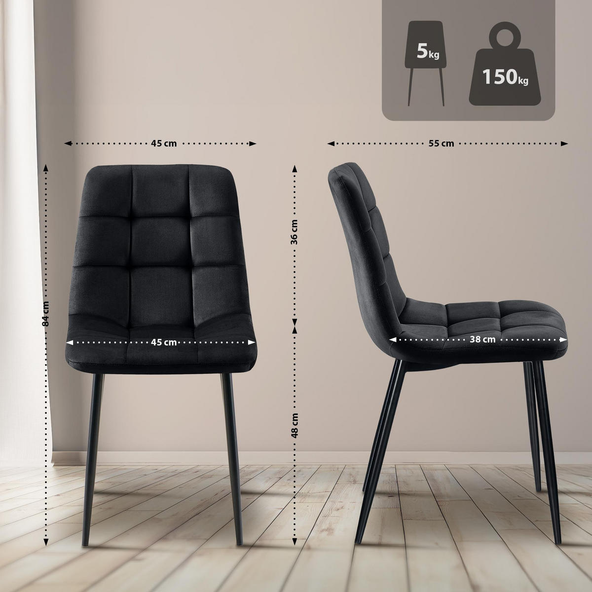 STUHL Samt Schwarz - Schwarz, Textil/Metall (45/84/55cm) - CLP