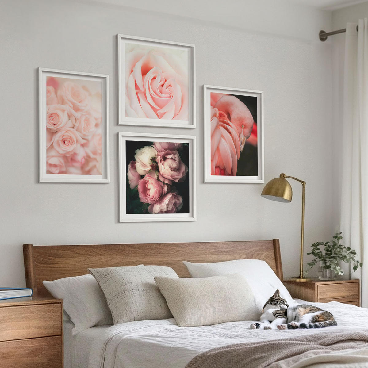 WANDBILDER 4er-Set - 50x50 cm & 40x60 cm Weißer Rahmen - Pastellrosa Flamingos - Weiß, Kunststoff (50/50cm) - ArtPrintCave