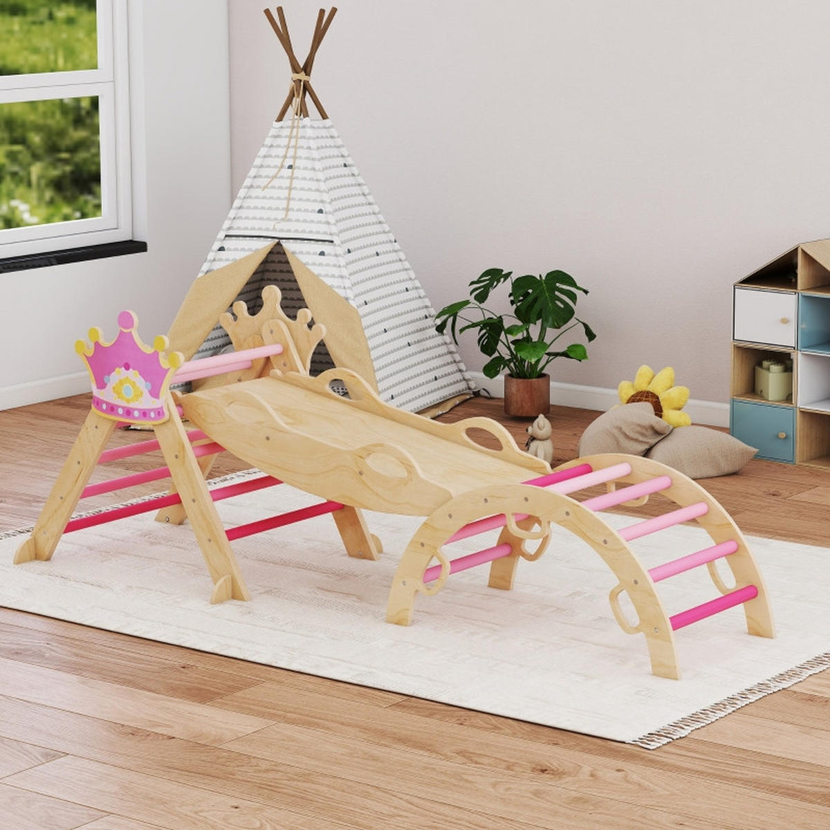 INDOOR-KLETTERGERÜST für Kinder 8-in-1 , Prinzessinnen-Design, mit Rutsche, Rampe, Bogen, Holz - Pink, Holz (42/160cm) - Hauptrolle
