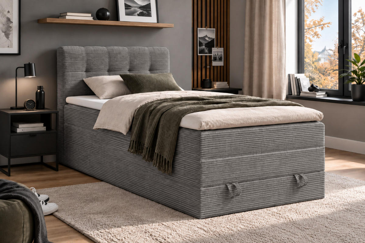 BOXSPRINGBETT JUNG 2 100/200 Cord Hellgrau mit Matratzen H3 + H4 - Hellgrau, Holz/Holzwerkstoff (100/200cm) - Deine Möbel 24