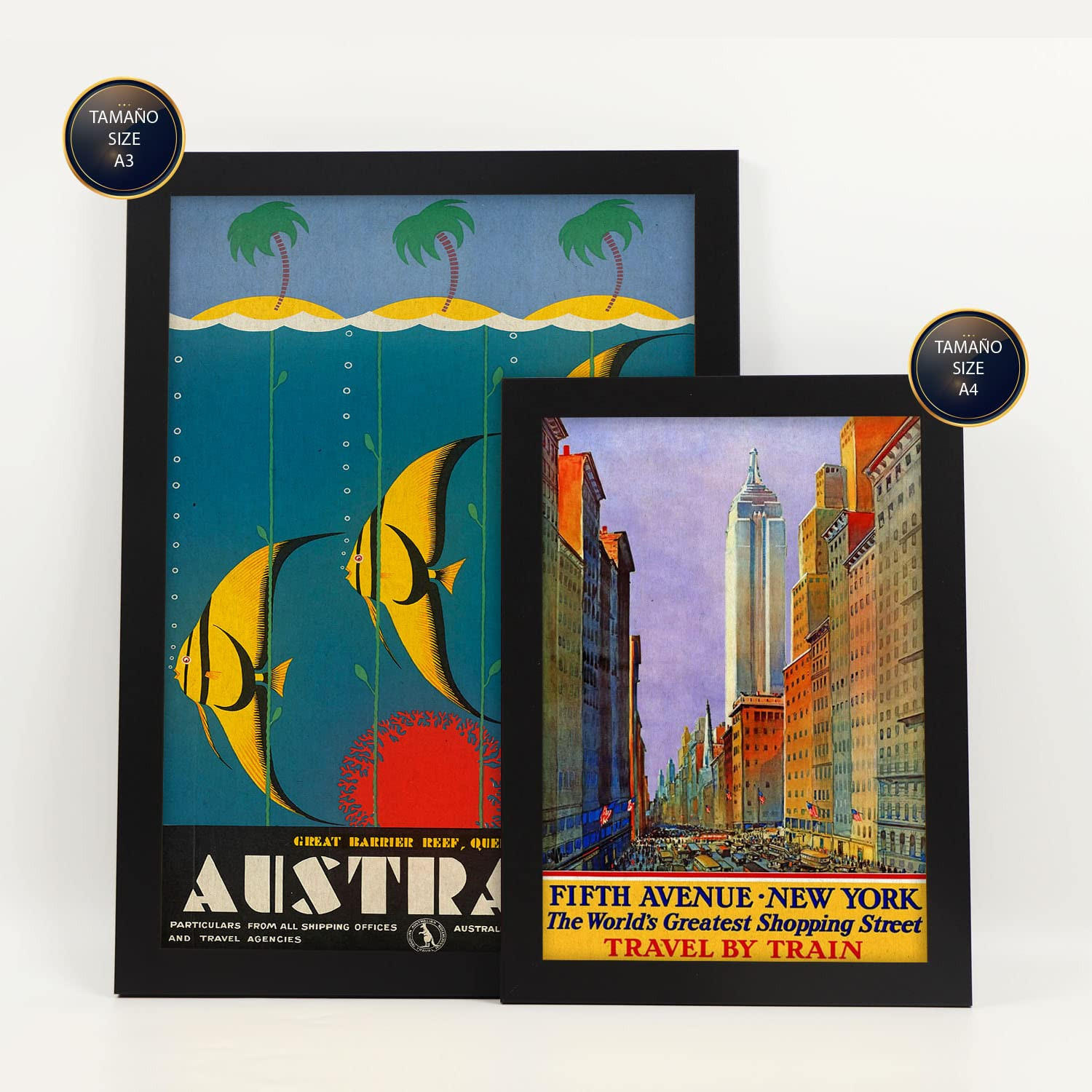 POSTER Set Mit 6 Von Norden Nach Süden Vollfarbige Illustrationen Von Vintage Tourismus Werbetafeln Aus Der Ganzen Welt A3 & A4 Schwarzer Rahmen - Schwarz, Papier (29/3cm) - Nacnic