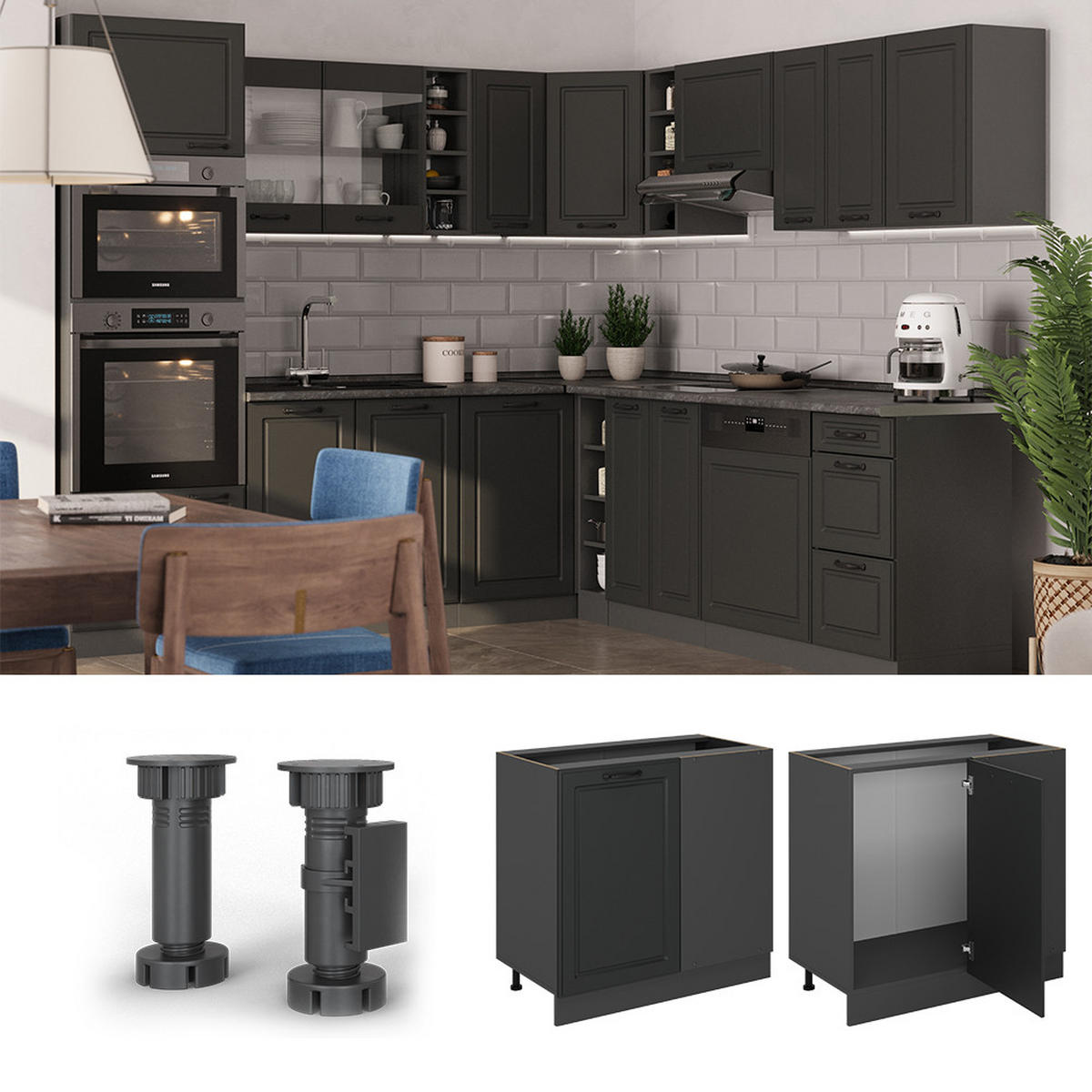 ECKUNTERSCHRANK R-Line Anthrazit Landhaus 86 cm , AP Anthrazit - Anthrazit, Holzwerkstoff (86/81.6/60cm) - Vicco